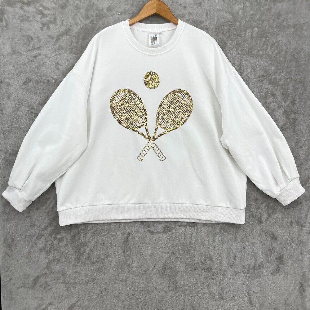 QUEEN OF SPARKLES White Sweatshirt with Gold Sequin Tennis Motif